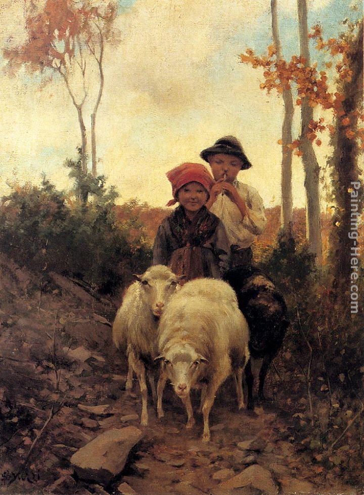 Children With Sheep On A Path painting - Stefano Bruzzi Children With Sheep On A Path art painting